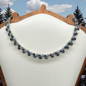 Vintage Trifari Silver-Tone Dark & Light AB Blue Rhinestone Necklace MCM